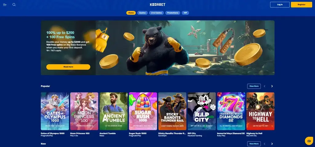 Kodabet Casino New Zealand homepage featuring welcome bonus banner and top online pokies like Gates of Olympus and Moon Princess.