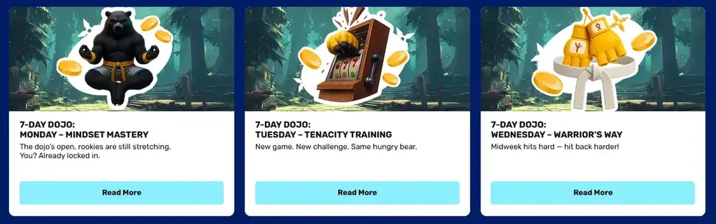 Kodabet Casino NZ promotions, 7-Day Dojo challenges with daily missions like Mindset Mastery, Tenacity Training, and Warrior’s Way.