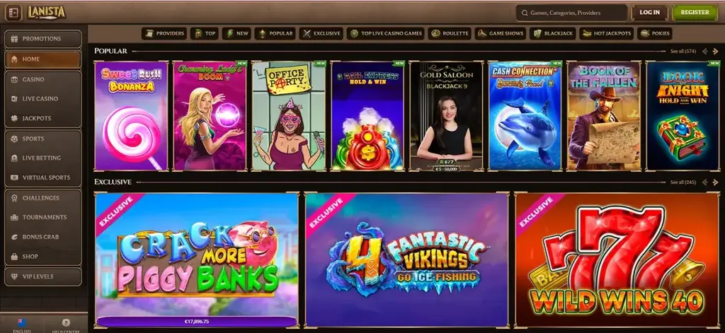 Lanista Casino lobby showing popular pokies and exclusive slot titles, including Sweet Rush Bonanza, Charming Lady Boom, Gold Saloon Blackjack, and Crack More Piggy Banks