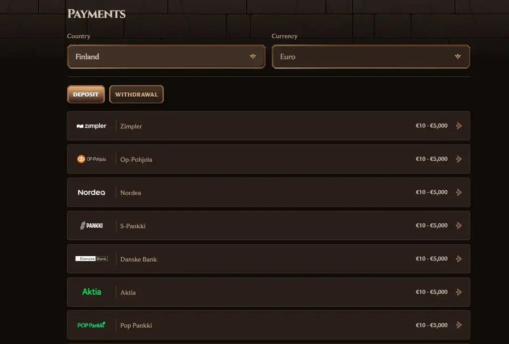 Lanista Casino payment methods list for Europe, including Zimpler, OP-Pohjola, Nordea, Danske Bank, Aktia, and Pop Pankki