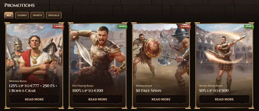 Lanista Casino promotions page featuring welcome bonus, first deposit bonus, weekly reload free spins, and sports reload offers