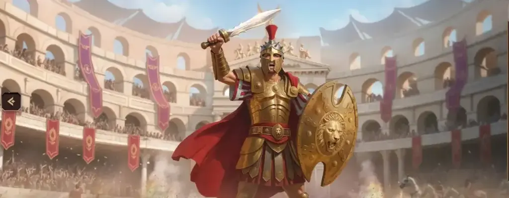 Lanista Casino gladiator standing in the arena holding a sword and lion-shield, with crowds and Roman banners in the background