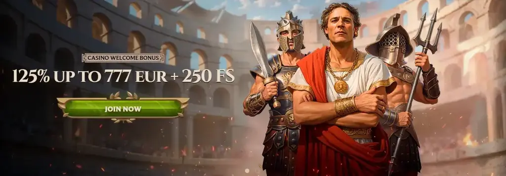 Lanista Casino welcome bonus banner showing 125% up to 777 EUR + 250 free spins with gladiator theme.