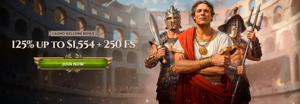 Lanista Casino welcome bonus banner showing a Roman leader with gladiators offering 125% up to $1,554 plus 250 free spins