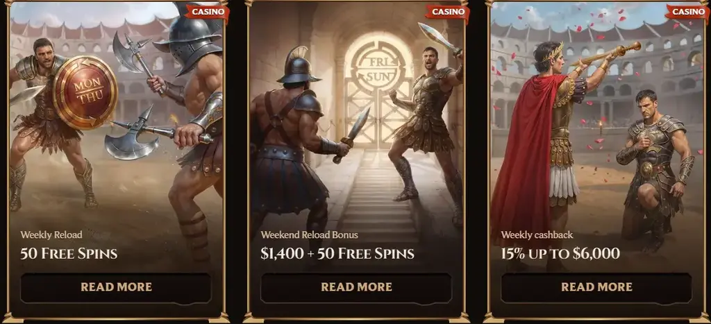 Lanista Casino weekly promotions showing gladiator-themed reload bonuses, free spins, and cashback offers for NZ players