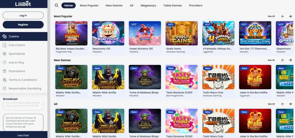 LiliBet Casino homepage displaying popular and new casino games from providers like Pragmatic Play, Play’n GO, and Hacksaw Gaming