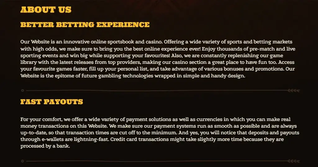 Lizaro Casino about us section highlighting fast payouts and modern betting experience
