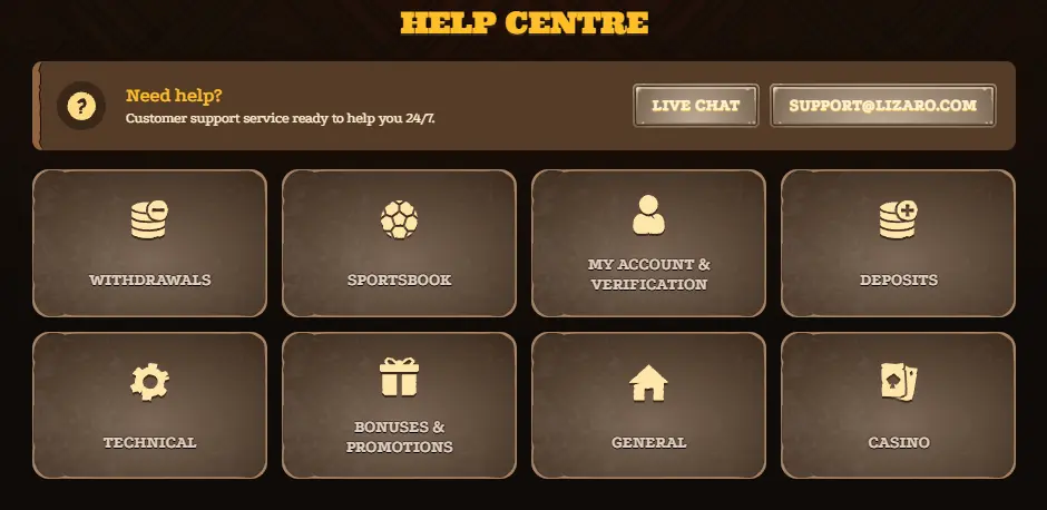 Lizaro Casino help center with support categories for withdrawals, deposits, verification, bonuses, and casino games