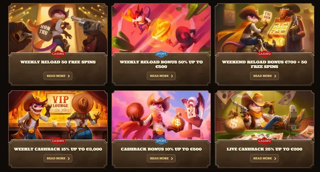 Lizaro Casino promotions page showing weekly reload bonuses, cashback offers, VIP rewards, and live cashback