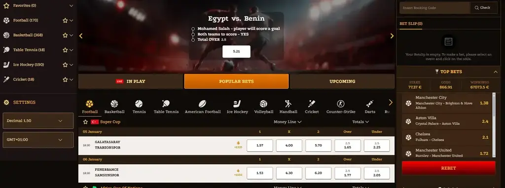 Lizaro Casino sportsbook interface showing popular bets, live betting, and rebet feature