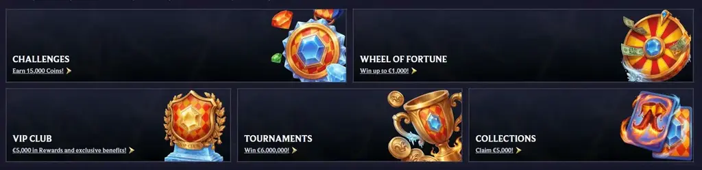 Casino promotions dashboard with challenges, wheel of fortune, VIP club, tournaments and collections rewards