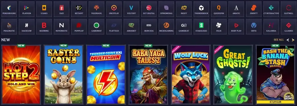Casino game lobby with multiple providers and slot games including Pragmatic Play, Microgaming, and Yggdrasil
