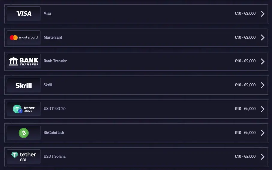 Kasinon maksutavat, mukaan lukien Visa, Mastercard, pankkisiirto, Skrill ja kryptovaluuttavaihtoehdot