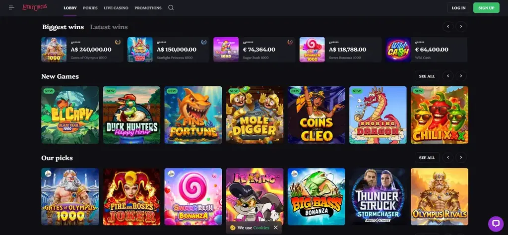 Lucky Circus Casino homepage showing the lobby with popular pokies, new games, and featured wins.