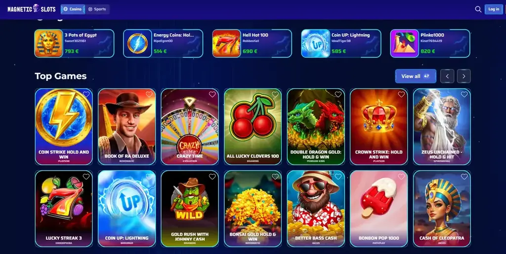 Magnetic Slots casino game lobby showing top slot games and jackpots
