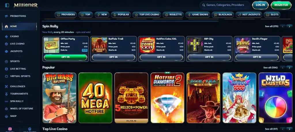 Millioner Casino homepage showing slot games, providers menu and Spin Rally feature