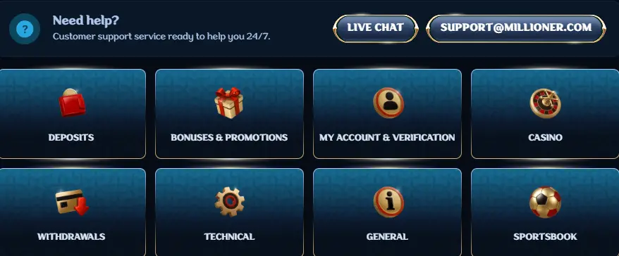 Millioner Casino customer support page with live chat and email assistance options