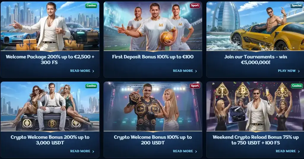 Millioner Casino promotions page showing welcome bonus, crypto bonuses, sportsbook offer and tournament prize banners