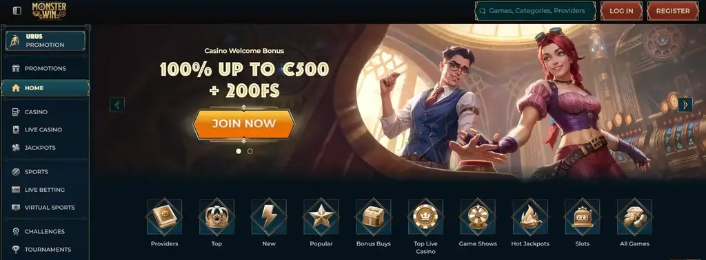 Monsterwin Casino homepage showing 100 percent welcome bonus up to 500 euros plus 200 free spins