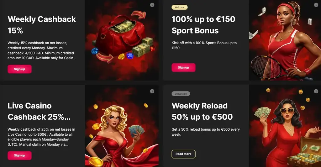 Weekly cashback and reload bonus promotions available at Win Cashino Casino.