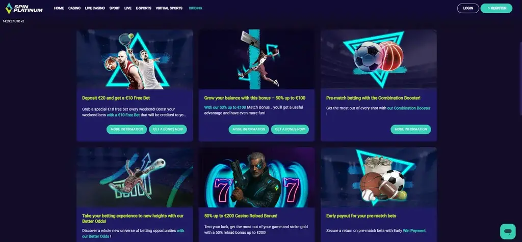 Spin Platinum promotions page showing sportsbook and casino bonus offers