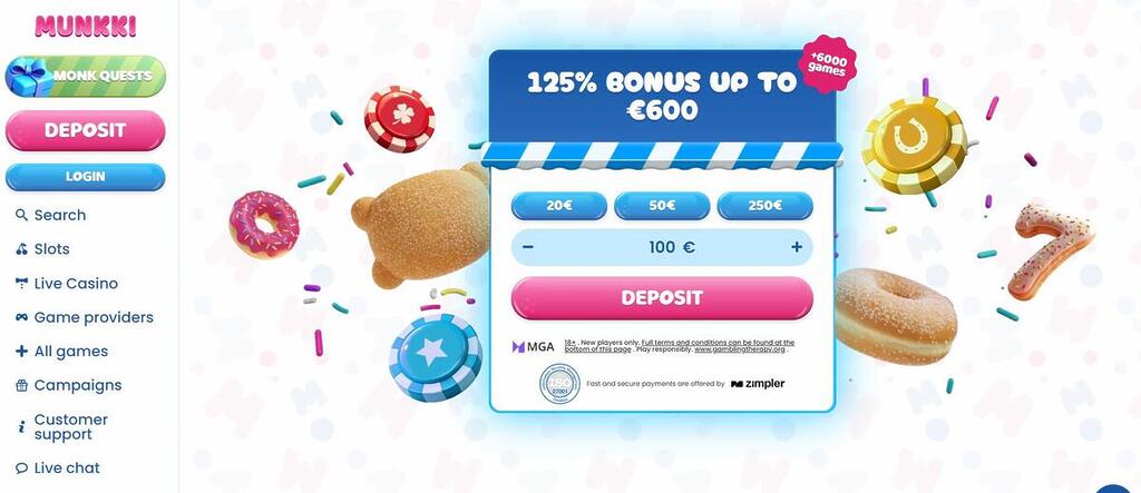 Munkki Casino welcome bonus with deposit offer up to 600 euros
