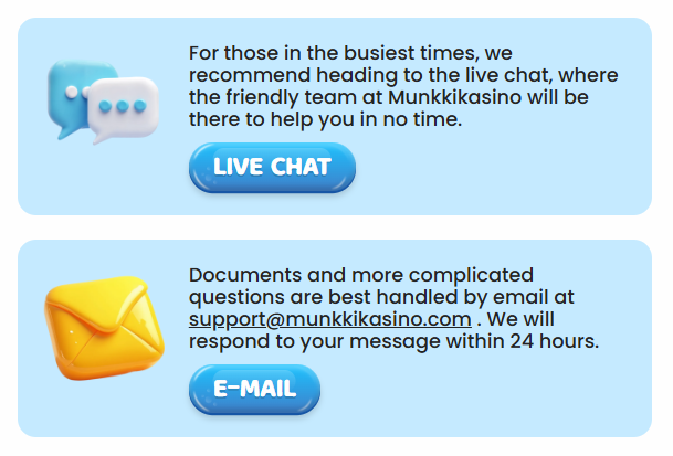 Munkki Casino customer support with live chat and email contact options