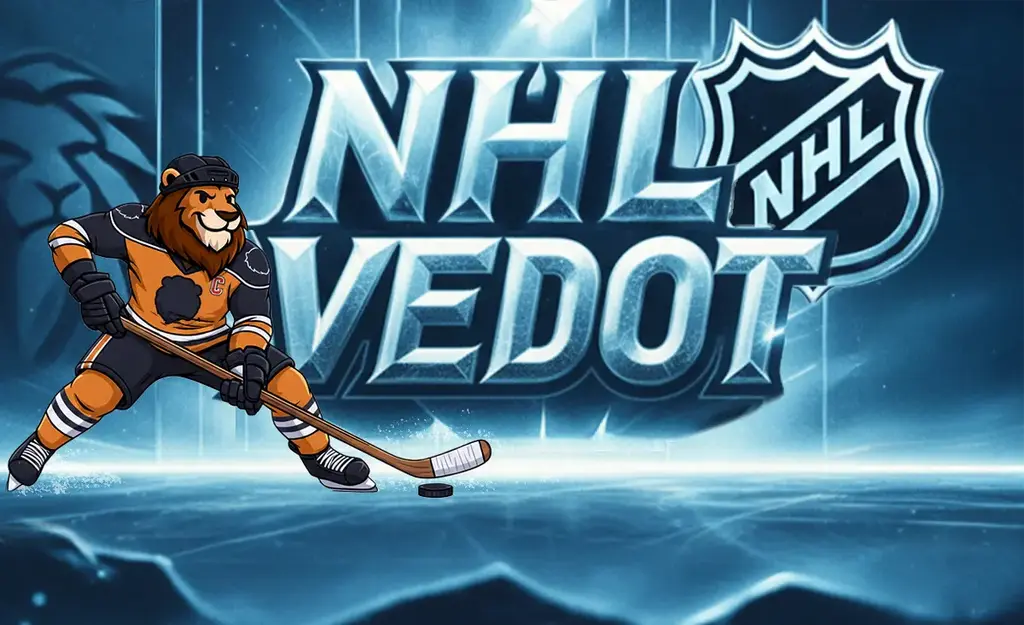 Kuva, jossa leijonahahmo pukeutuneena jääkiekkoilijaksi pelaa kiekkoa jäällä. Taustalla näkyy suuri teksti "NHL VEDOT" ja NHL-logo sinisävyisessä jääkiekkoteemaisessa ympäristössä. Kuvitus symboloi NHL-vedonlyöntiä ja urheiluvedonlyönnin teemaa jääkiekon parissa.
