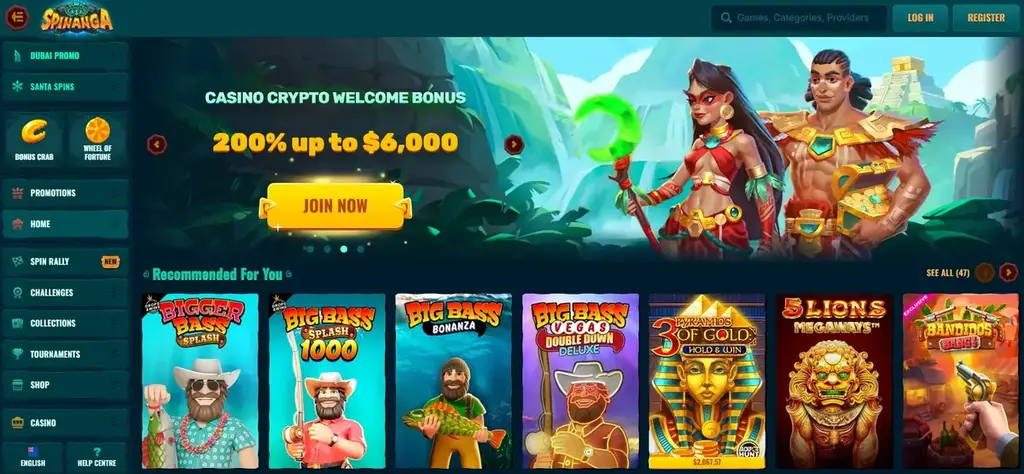 Spinanga casino homepage with crypto welcome bonus and slot games