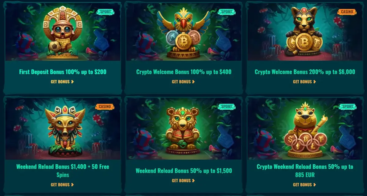 Spinanga crypto bonuses page with casino and sports offers