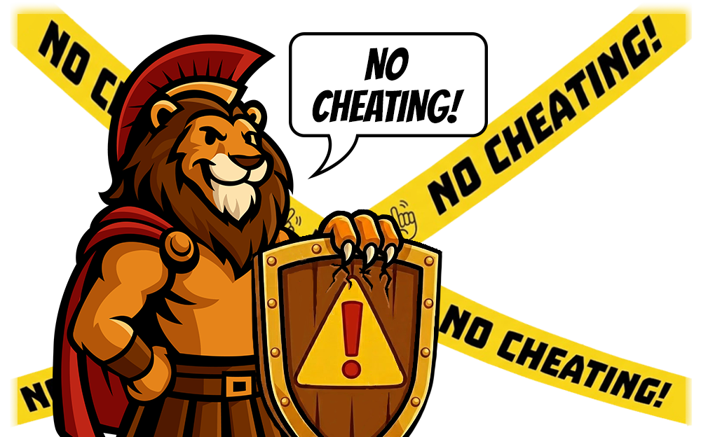 An illustration of a muscular lion dressed as a Roman gladiator with a red-crested helmet and cape. The lion is smiling confidently while holding a wooden shield featuring a yellow warning triangle and an exclamation mark. The background is black with yellow caution tapes crisscrossing, displaying the text "NO CHEATING!". A speech bubble above the lion also says "NO CHEATING!".