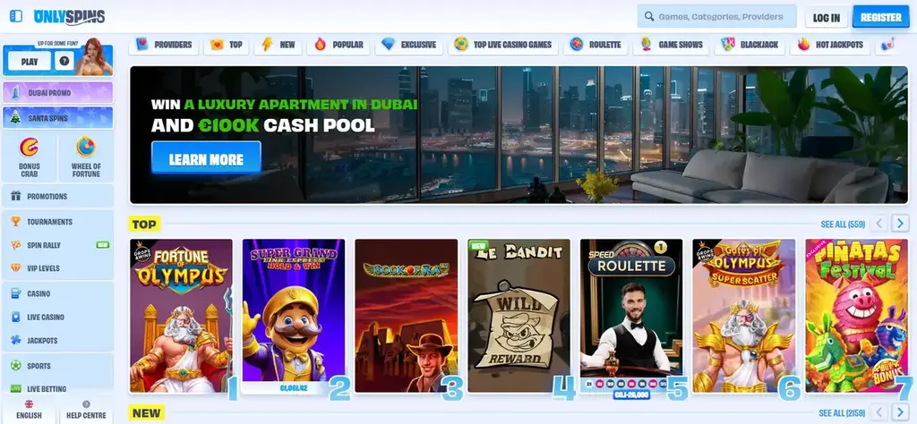 OnlySpins Casino homepage showing game categories, promotions, and featured slot games