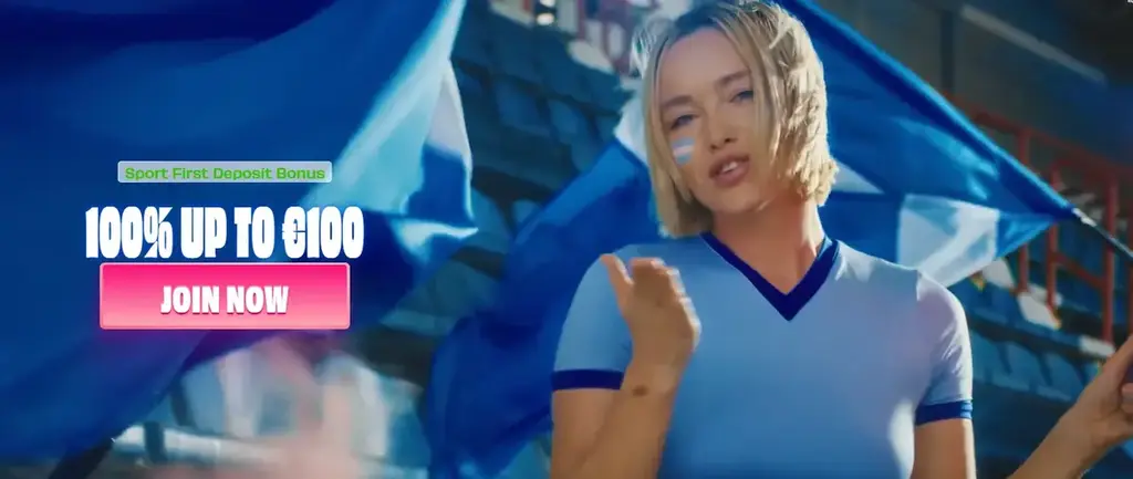 OnlySpins Casino sports first deposit bonus banner offering 100% bonus up to €100