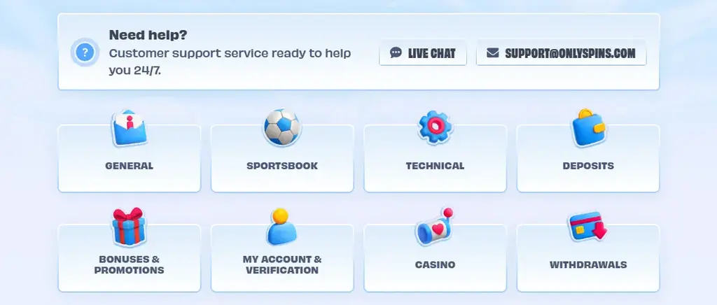 OnlySpins Casino help center with live chat and support categories