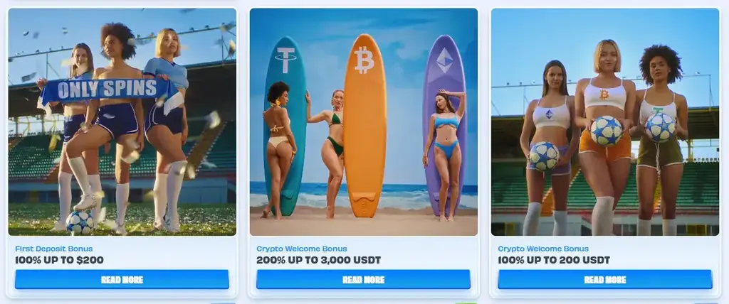 OnlySpins crypto welcome bonuses featuring casino and sports offers with Bitcoin and USDT