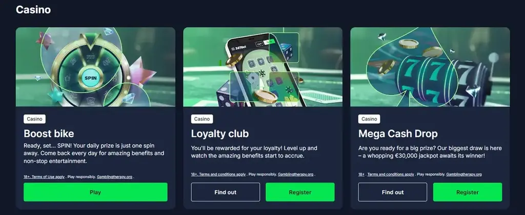 247Bet casino promotions including Boost Bike, Loyalty Club, and Mega Cash Drop displayed in three cards with bright neon graphics