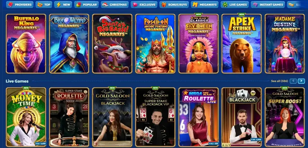 Pandido Casino game lobby with slots and live casino games.