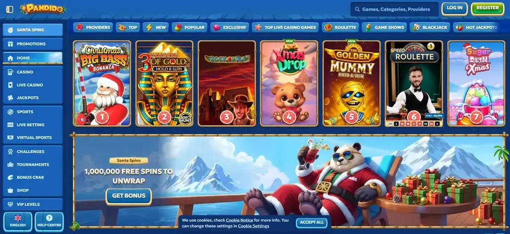 Pandido Casino homepage with slots, promotions, and navigation menu.