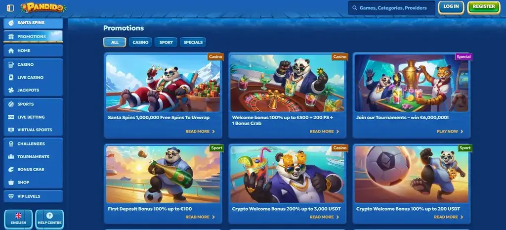Pandido Casino promotions page with welcome bonuses and special offers.