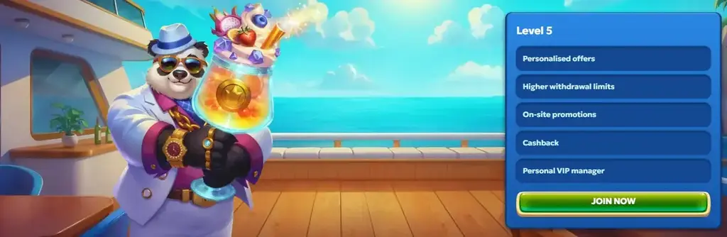 Pandido Casino VIP program showing Level 5 rewards and exclusive benefits.