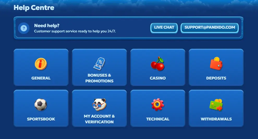 Pandido Casino help centre with live chat and customer service options.