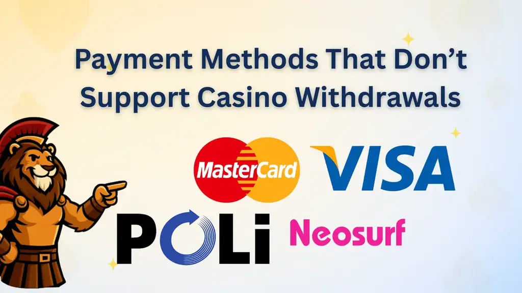 Graphic showing payment methods that don’t support casino withdrawals, including Mastercard, Visa, POLi, and Neosurf, with a smiling lion mascot pointing at the logos.