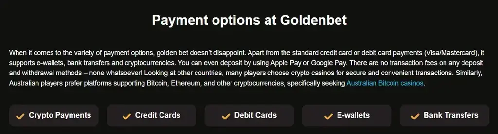 Goldenbet Casino payment options including crypto, credit cards, e-wallets and bank transfers