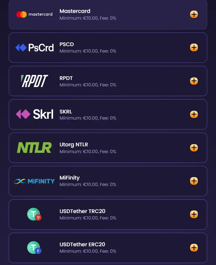 Funbet Casino payment methods showing cards, e-wallets, and cryptocurrency options with minimum deposit details.