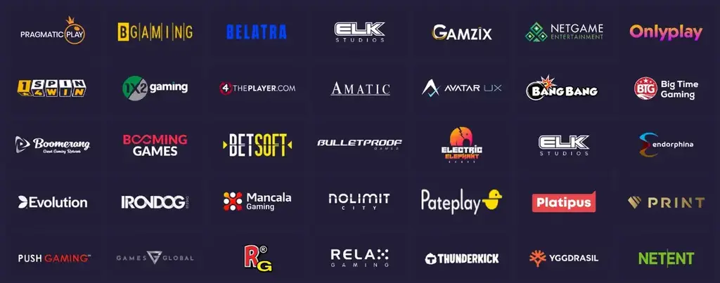 Playfina Casino game providers including Pragmatic Play, NetEnt, ELK Studios, Evolution, Yggdrasil, and Big Time Gaming