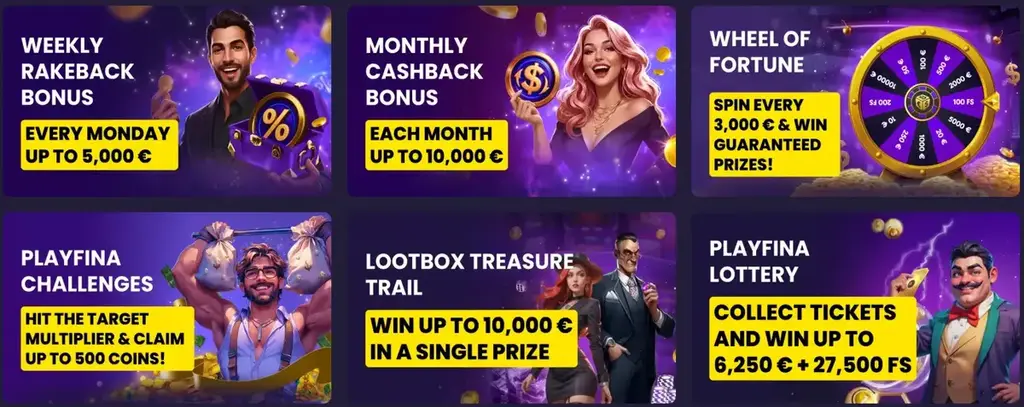 Playfina Casino promotions page showing weekly rakeback, monthly cashback, Wheel of Fortune, challenges, lootbox trail, and lottery rewards in euros