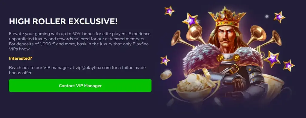 Playfina Casino VIP Club promotion offering exclusive high roller bonuses and personalised rewards