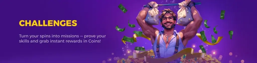 Playfina Casino Challenges feature where players complete missions to earn coins and instant rewards