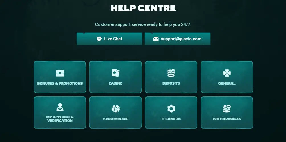 Playio help centre with live chat support and FAQ categories