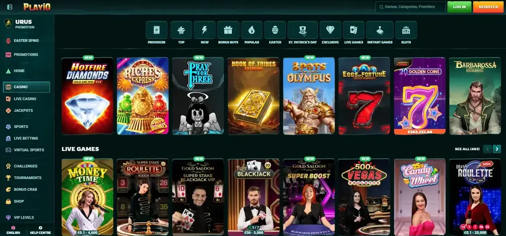 Playio casino lobby featuring slots and live casino games from multiple providers